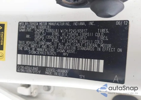 2012 Toyota Highlander Se V6 из США, поврежденный, VIN 5TDBK3EHXCS163825